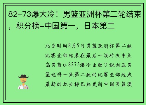 82-73爆大冷！男篮亚洲杯第二轮结束，积分榜-中国第一，日本第二